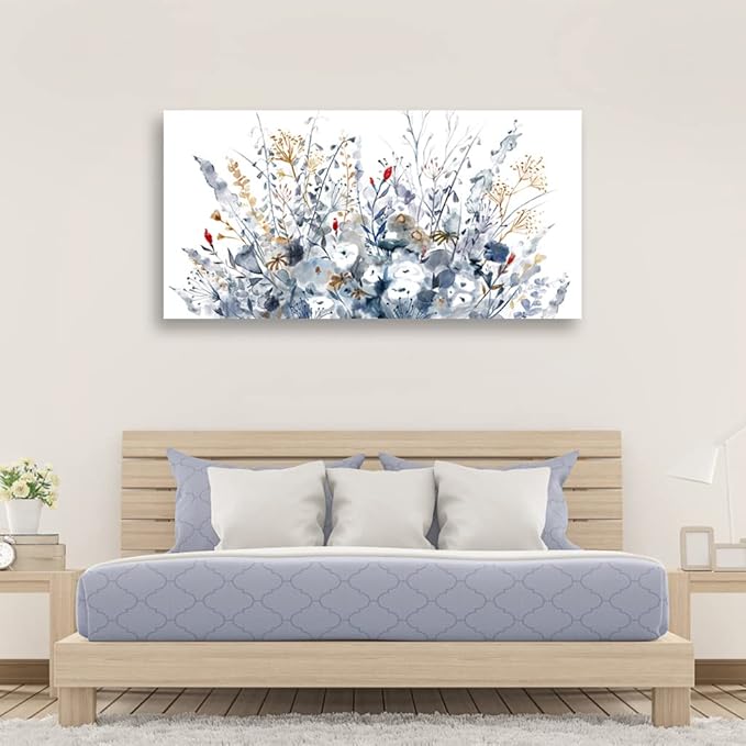 Flowers Canvas Wall Art for Living Room Wall Decor Indigo Floral Canvas Painting Watercolor Plants Pictures Vintage Botanical Flower Canvas Artwork for Bedroom Office Home Wall Decorations 24" X 48"