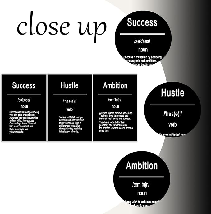 Success Hustel Ambition 3 Pieces Motivational Canvas Wall Art Inspirational Quote HD Pictures Wall Decor Posters Painting Artwork for Living Room Office Workplace Stretched and Framed [72''Wx 36''H]