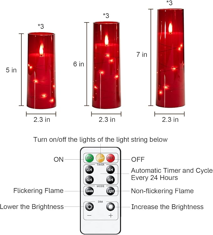 Raycare Flameless Candles with Embedded Star String, 9 Pcs Battery Operated Acrylic Pillar Candles with Timer and Remote, LED Candles for Romantic Ambiance and Home Decoration (Red)