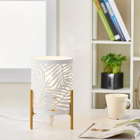 OuXean Decorative Table Lamp, Golden Tripod Stand with White Metal Hollowed Lampshade, Night Light for Bedside, E12 40W, No Bulb