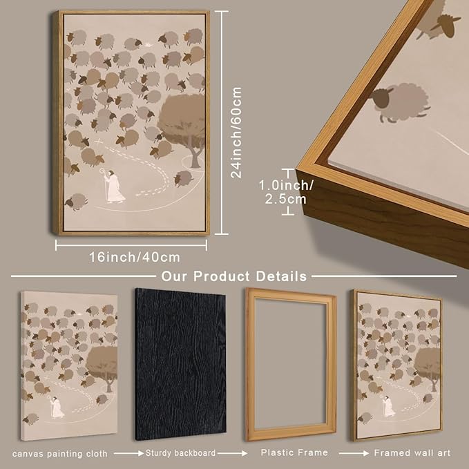 IARTTOP Large Jesus Framed Canvas Wall Art 16x24 Inch Jesus Leaves the 99 Sheep Art Prints Set of 3 God Christian Bible Wall Decor for Living Room Bedroom Church