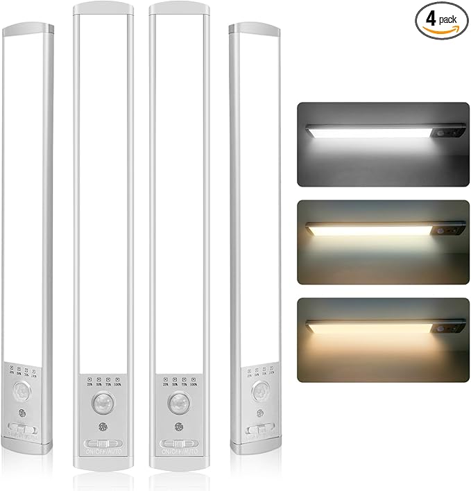 Under Cabinet Lighting, 4Pack Motion Sensor Light Indoor with 3 Color Temps, Rechargeable Under Counter Lights for Kitchen,Dimmable Closet Lights Battery Operated, 88 LED Motion Sensor Light Indoor
