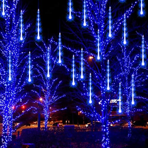FUNPENY Meteor Shower Rain Lights, 288 LED Christmas Lights Icicle Snow Falling Halloween Light Outdoor Raindrop Light, 30cm 8 Tubes Xmas Tree Holiday Christmas Halloween Decoration, Blue