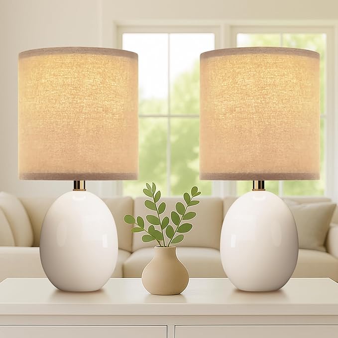 17.3" Table Lamp Set of 2 for Living Room Bedroom, Bedside Lamps for Night Stands, Desk Nightstand Lamp Dimmable, Modern Linen White Ceramic Lamps (White)