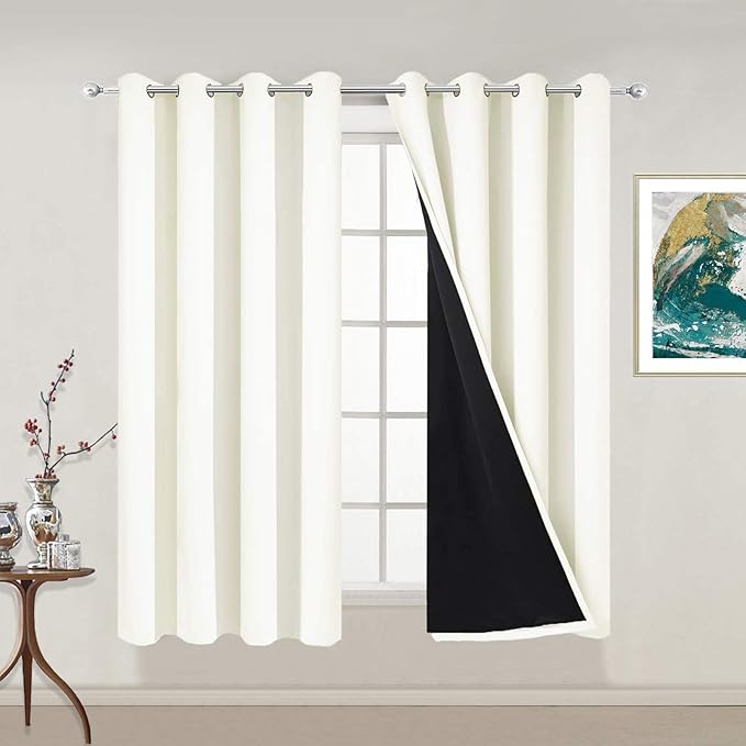 Yakamok 100% Blackout Curtains 54 Inches Long, 2 Thick Layers Thermal Insulated Blackout Curtains for Bedroom, Full Light Blocking Drapes with Black Liner (52" Wide Each Panel, Cream, 2 Panels)