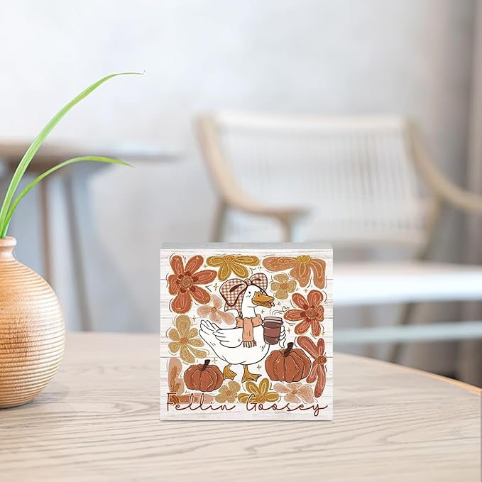 Feelin Goosey Fall Decorations for Home Office Funny Silly Goose Fall Decor, Autumn Pumpkin Goose Bow Decorations for House Gifts for Animals Lovers 5 x 5 inches (Tub 1701)