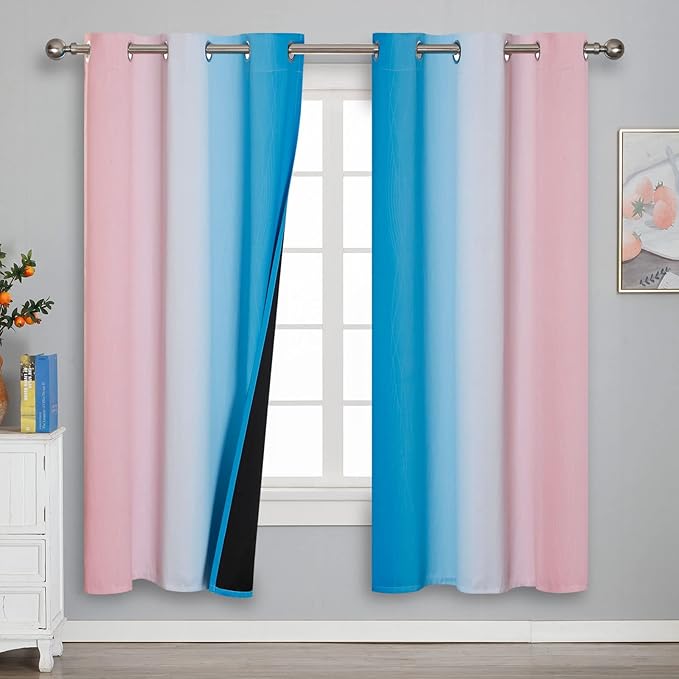 Estelar Textiler Ombre Pink and Blue Blackout Curtains 72 Inch Length 2 Panels, Full Light Blocking Curtains for Bedroom, Grommet Thermal Insulated Gradient Drapes for Living Room, 42x72 Inch