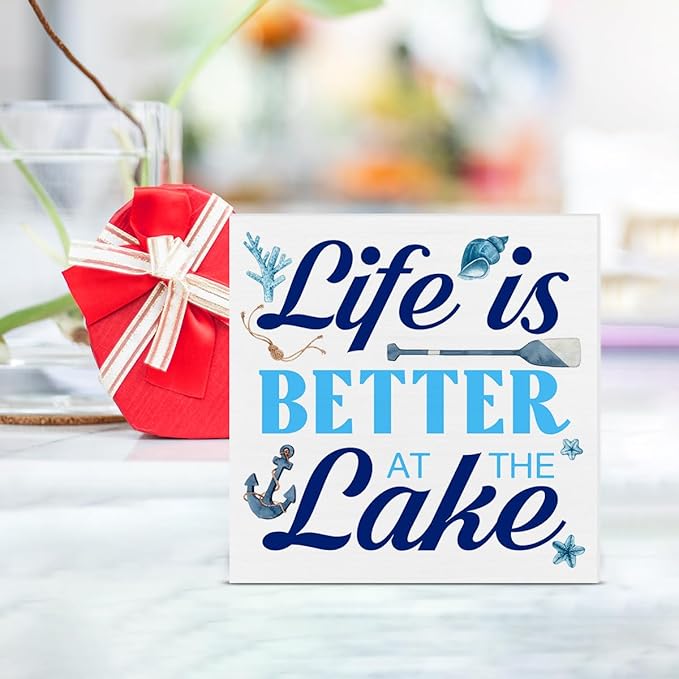 Summer Lake Decor Lake House Wood Block Sign Summer Decorations for Home Desk Table Shelf 5 x 5 Inches