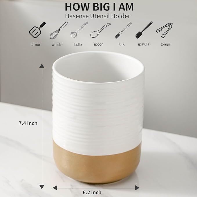 Hasense Large Utensil Holder, 7.4" Cooking Utensil Crock for Kitchen Counter, Ceramic Utensil Organizer Caddy for Kitchen Utensil Set, Vintage Decor for Christmas Gifts, White