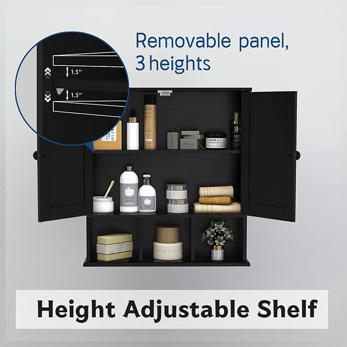 TaoHFE Black Bathroom Cabinet, Wall Mounted 2 Door Storage With Adjustable Shelves, Over The Toilet Medicine Cabinet for Laundry Room Kitchen