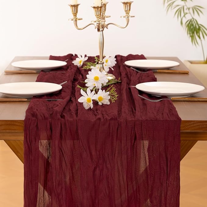 Socomi Burgundy Red Fall Thanksgiving Cheesecloth Table Runner Boho Rustic Gauze 120 inch 10FT Cheese Cloth Runner for Wedding Party Baby Shower Birthday Home Decor Holiday Decorations