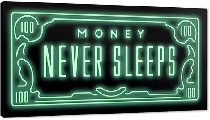 Office Artwork Wall Decor with Inspiring Quote - Money Never Sleeps Motivational Wall Art Modern Home Decor Green Kitchen Pictures 1 Panels Large Artwork for Wall Framed Ready to Hang - 48" x 24"