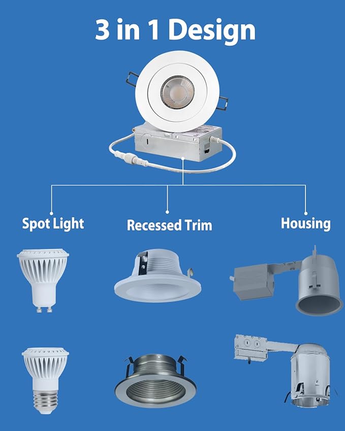 4 inch LED Recessed Light 9W 750lm Eyeball Sloped Gimbal Recessed Ceiling Lighting, Soffit Wafer Indoor Directional Lighting, 90° Tilt and 360° Rotation Recessed Lighting 4 inch White 6Pack