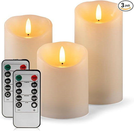 Flameless Candles Battery Operated Pillar Real Wax Electric LED Flashing Candle Sets with Remote Control Cycling 24 Hours Timer, 4" 5" 6" Pack of 3 (Ivory)