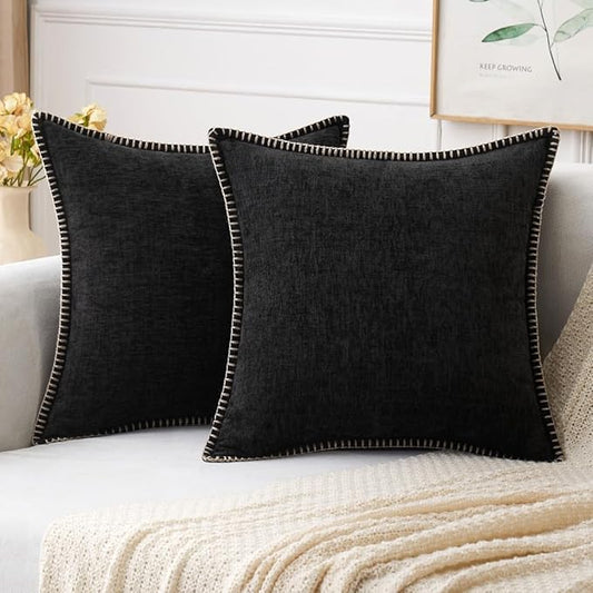 MIULEE Pack of 2 Couch Throw Pillow Covers 16x16 Inch Black Farmhouse Decorative Pillow Covers with Stitched Edge Soft Chenille Solid Dyed Spring Pillow Covers for Sofa Bed Living Room