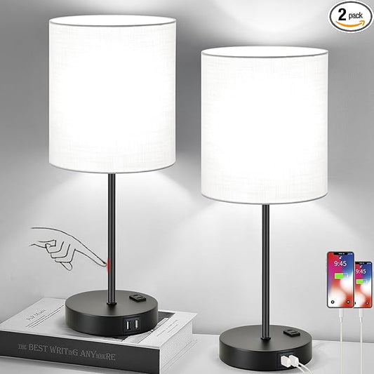 Lynnoland 𝟮𝟬𝟮𝟯 𝗡𝗘𝗪 Set of 2 Touch Control Table Lamps with 2 USB & AC Outlet, 3-Way Dimmable Bedside Nightstand Lamps for Bedroom Living Room Nursery, 800 Lumens 5000K Daylight Bulbs Included