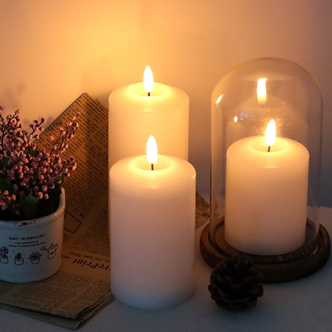Eldnacele 3D Wick Flameless Pillar LED Candles with Remote Timer, Battery Operated 3 Pack White Real Wax Candle Set Realistic Flickering Flame Party Wedding Home Decoration