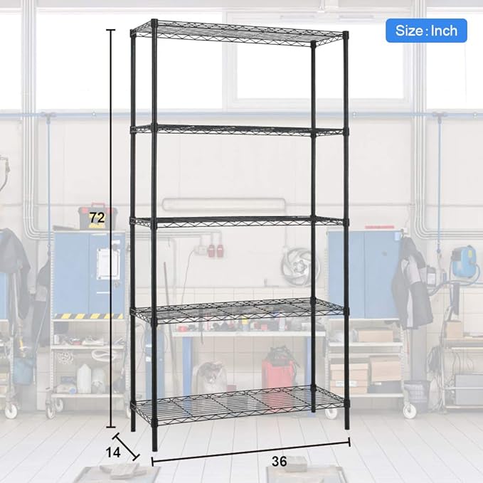 PayLessHere | 5-Tier Wire Shelf | 36"x14"x72" | Black | Adjustable Racks | Heavy-Duty Storage Shelves, Holds Upto 1250 lbs | Rust-Resistant, No-Tool Assembly | for Home, Garage Shelving