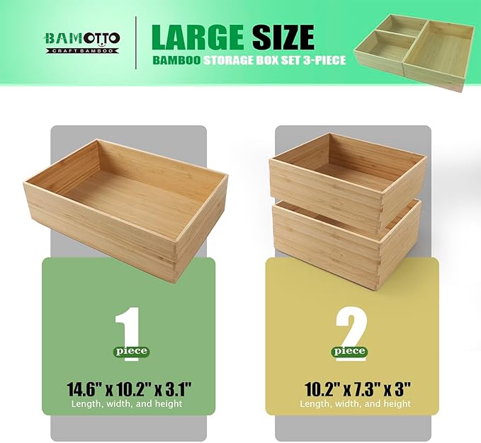 3-Piece Large Bamboo Storage Box Set, 3.1 in High Stackable Deep-Drawer Organizer for Kitchen Cutlery, Cookware, Utensils & Knives, Exquisite Durable Lidless Wooden Bin (14.6"x10.2"*1+10.2"x7.3"*2)
