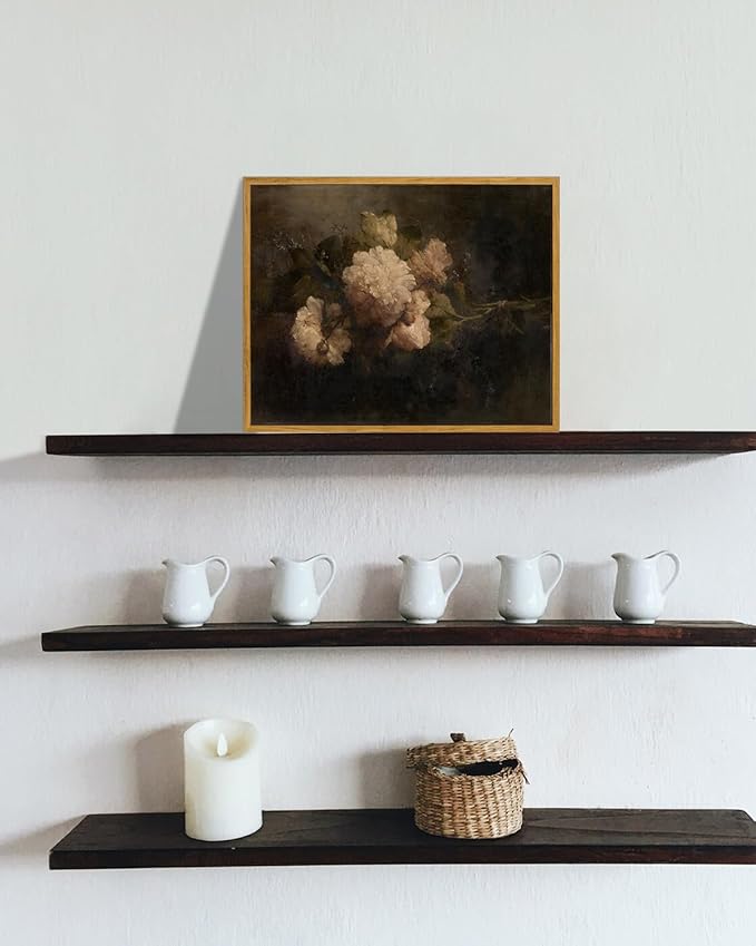 KBKBART Framed Canvas Wall Art Vintage , Dark Vintage Still Life Flower Canvas Oil Painting, Classical Moody Peony Bouquet Prints for Wall Decor, Antique Floral Art Painting Victorian Decor Artwork for Bedroom Living Room Bathroom Gallery(12"x16")