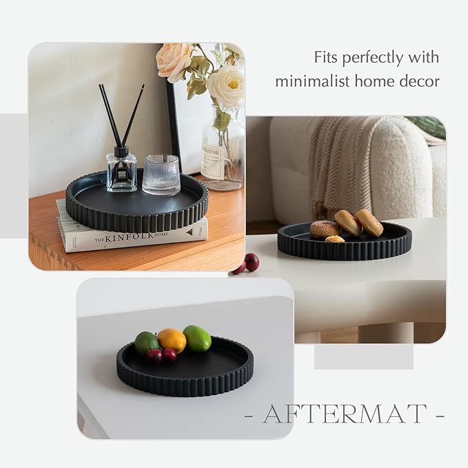 Decorative Tray for Coffee Table, Living Room, Side Table, 2 Packs 11" Black Round Concrete Home Decor Serving Trays for Accent Table, Console Table