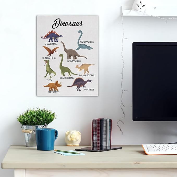 Dinosaur Species Canvas Wall Art Stegosaurus Pterodactylus Triceratops Educational Poster Kids Boys Girls Children Rooms Learning Paintings Artwork Ready to Hang Home Classroom Decor 15x12 Inches