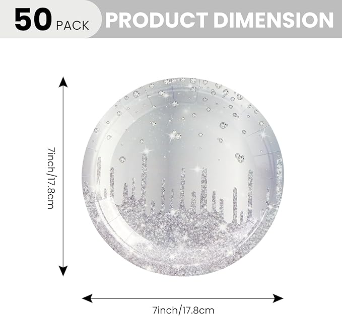 50PCS Silver Glitter Paper Plates - 7inch Silver Diamond Birthday Dessert Plate for Cake Salad Pizza Disposable plates Supplies for Girls Women Mermaid Anniversary Birthday Wedding Theme Party