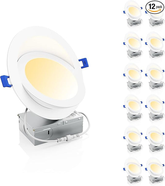Ensenior 12 Pack 6 inch LED Eyeball Recessed Lighting, 360°+90° Rotatable and 2700K-5000K Selectable, Dimmable Gimbal Recessed Lights, Canless Angled Adjustable Ceiling Downlight, 1300LM, 13W=115W-FCC