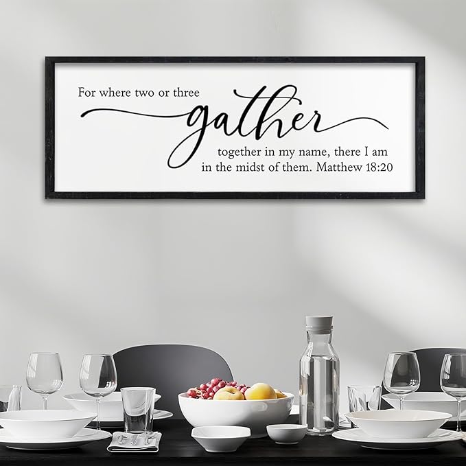 Surfapans For Where Two Or Three Gather Sign Wall Art Decor 32"X12" Dining Room cripture Matthew 18 20 Bible Verse Large Wood Framed Hanging (Black)