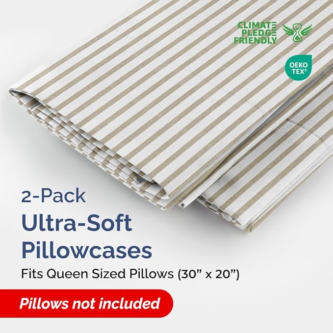 Queen Pillow Cases Set of 2 - Ultra Soft Hotel Quality Pillowcase Covers - Comfy, Cozy & Wrinkle Free - Shrinkage & Fade Resistant - Machine Washable Pillow Protectors - 2 Piece Set - Beige Stripes 2