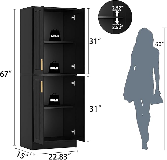 Kitchen Pantry Cabinet, Tall Storage Cabinet with Adjustable Shelves and 4 Doors, Farmhouse Freestanding Cupboard Hutch for Dining Room Living Room, Laundry, Black