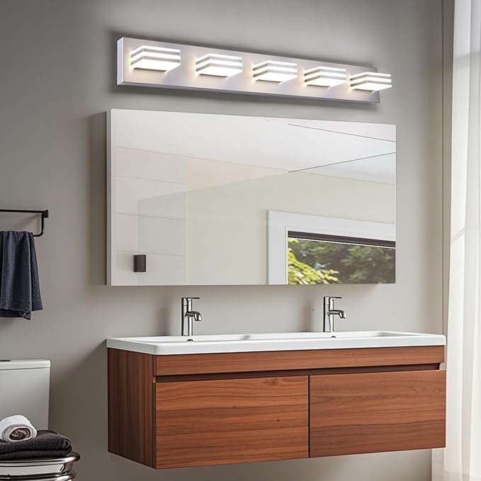 LED Wall Brushed Nickel Vanity Lights for Bathroom Light Fixtures 30W Adjust 3 Colors Modern Bath Lighing Over Mirror LED Vanity Light (5-Light,34inch)
