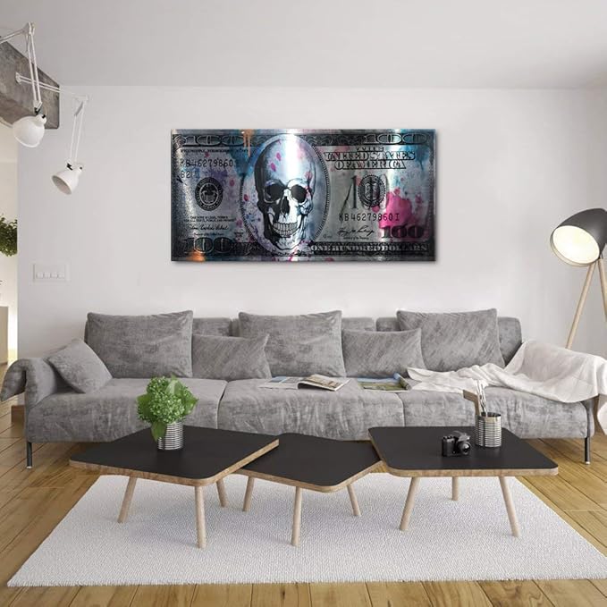 Yatsen Bridge Retro Skull Dollar Bill Canvas Art Print, 48" W x 24" H, Framed, Green, Black, Wood Frame, Waterproof, Landscape, Glossy Finish, Perfect for Living Room, Bedroom, Kitchen, Office, Bar