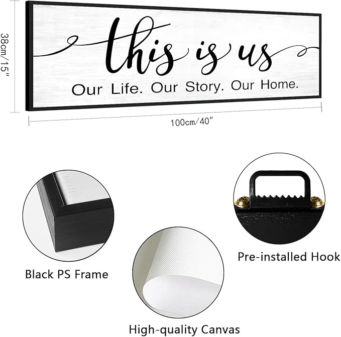 This is Us Wall Decor: 40x15 Inch Farmhouse Canvas Print Framed Family Sign for Living Room,Modern Minimalist Art with Quote Our Life Our Story Our Home Master Bedroom Wall Decor
