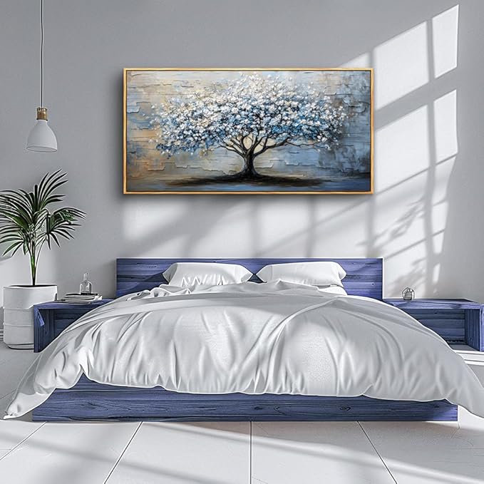 ERQINHUA Wood Framed Abstract Wall Art Office Large Wall Decor Art For Living Room Wall Pictures Blue Grey TreePainting Framed Canvas Artwork Bedroom Dining room Home Decoration Aesthetics 24"X48"