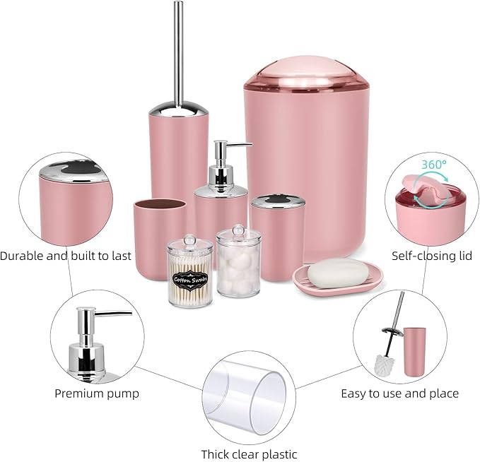 IMAVO Bathroom Accessories Set,Pink Bathroom Set,9 Pieces Bathroom Accessory Set,Tray,Qtip Holders,Toilet Brush,Trash Can for Bathroom Décor and Home Gifts
