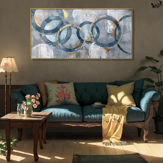 youkuart Wall Art Abstract Fantasy Teal Blue Graffiti Canvas Prints for Living Room Bedroom Dining Room Home Office Decor Large Framed Ready to Hang 24"x48"