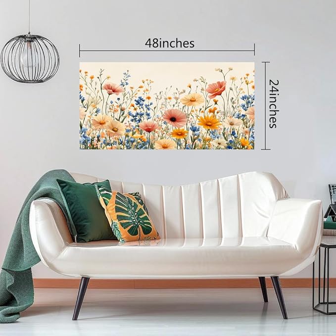 KZKU Floral Canvas Wall Art Wildflower Garden Print 24x48 inches Pink Yellow Blue Watercolor style Flower Picture for Bedroom Living Room Artwork Home Wall Decoration