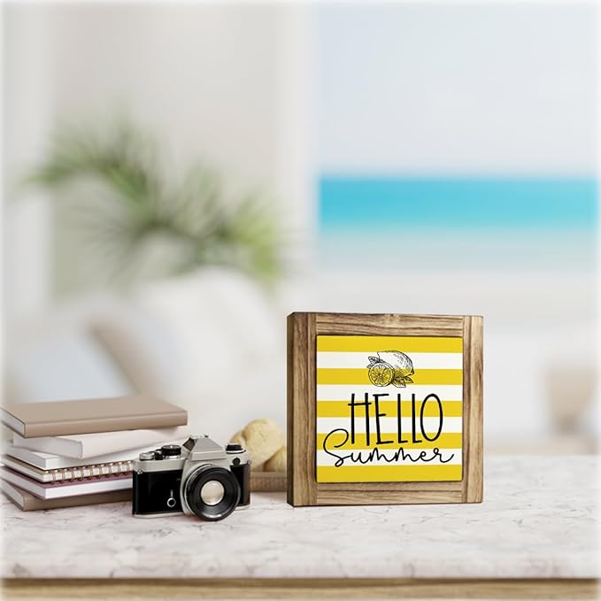 Summer Decoration, Rustic Tabletop Decor Signs, Wood Box Sign Desk Decor, Summers Seasonal Decoration Signs for the Home, Vintage Cafe Shop Decors, Hello Summer Sign 5.9×5.9inches