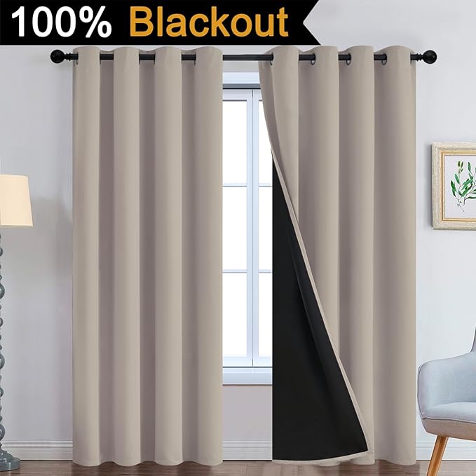 Yakamok 100% Blackout Curtains 96 Inches Long, 2 Thick Layers Heat and Full Light Blocking Soft Thermal Insulated Drapes for Bedroom(52" Wide Each Panel, Natural, 2 Panels)