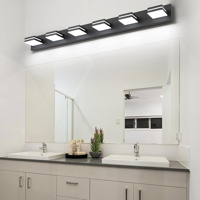 SineRise LED Modern Bathroom Vanity Light Fixtures (6-Light, 48-Inch), Matte Black Modern Acrylic Bathroom Wall Lighting Fixtures Over Mirror (Cool White 6000K)