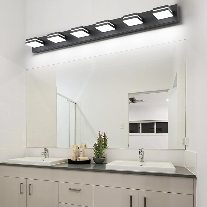 SineRise LED Modern Bathroom Vanity Light Fixtures (6-Light, 48-Inch, Dimmable), Matte Black Modern Acrylic Bathroom Wall Lighting Fixtures Over Mirror (Cool White 6000K)