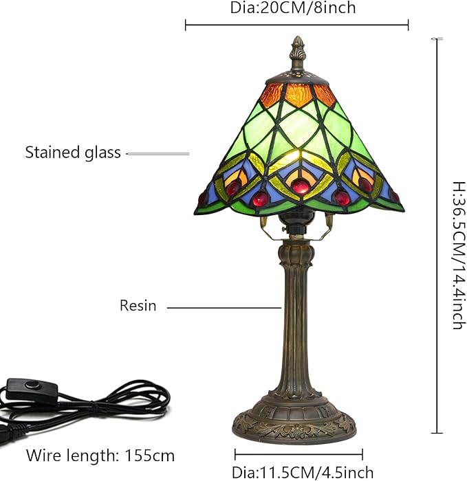 8 Inch Tiffany Style Stained Glass Table Lamp, Peacock Feather Pattern Retro Style Design, Suitable for Bedroom Bedside Lamp Office Study and Other Home Art Decoration (Green)