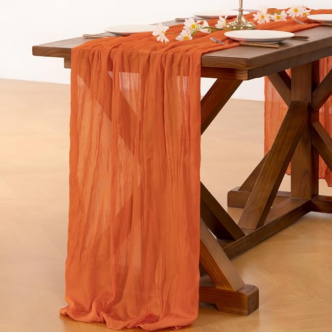 Socomi 3pcs Orange Cheesecloth Table Runner Fall Thanksgiving Boho Rustic Gauze 120 inch 10FT Cheese Cloth Runner for Wedding Party Baby Shower Birthday Home Decor Holiday Decorations