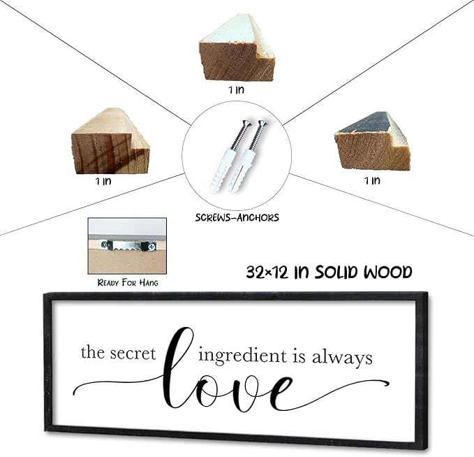 Surfapans The Secret Ingredient Is Always Love Sign Wall Art Decor 32"×12" for Kitchen Dining Room Large Wood Framed Hanging (Black)