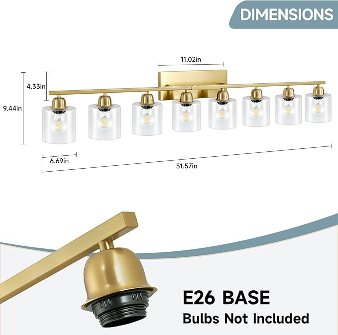 8 Light Bathroom Light Fixtures Gold, Brushed Gold Vanity Lights for Bathroom with Clear Glass, 51 inch Wall Sconce for Oversized Mirrors Living Room Bedroom Hallway E26 Base