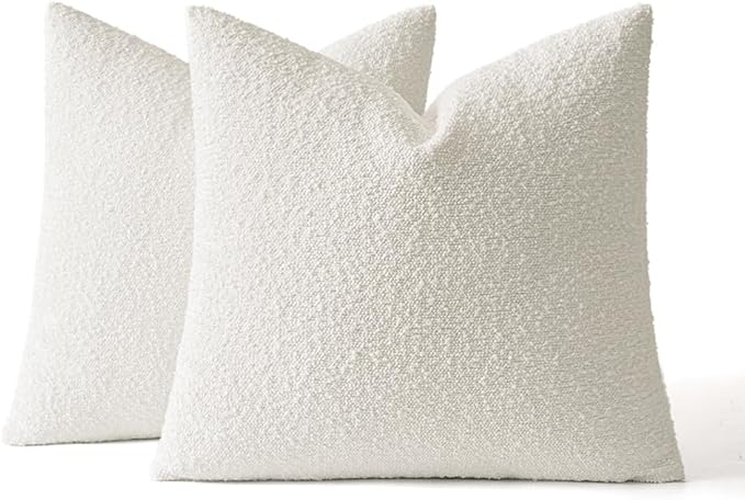 MIULEE 24x24 Decorative Euro Sham Throw Pillows for Bed Set of 2 Textured Boucle Neutral Throw Pillow Coverss White Accent Solid Couch Pillowcase Cozy Soft Sofa Livingroom Home Decor