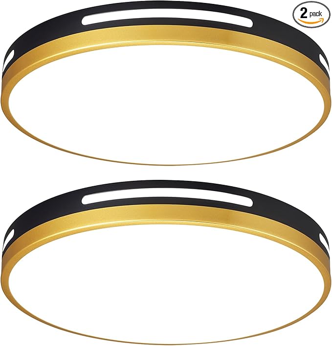 2Pack LED Flush Mount Ceiling Light Fixture, 15” 36W Dimmable Kitchen Lighting Fixtures Ceiling, Black and Gold Modern Light Fixtures Ceiling Mount for Bedroom, Bathroom, Living Room