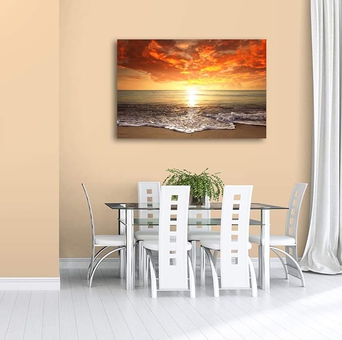Baisuart-S0169 Canvas Prints Wall Art Sunset Ocean Beach Pictures Photo Paintings for Living Room Bedroom Home Decorations Modern Stretched and Framed Seascape Waves Landscape Giclee Artwork