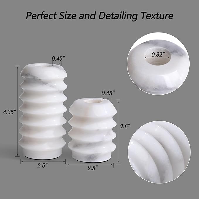 HofferRuffer Marble Candlestick Holders, Set of 2 Natural Stone Candle Holder Decorative Candle Stands for Wedding, Dinning, Party, Table Centerpieces, Fits 3/4'' Thick Candles (MarbleWhite)